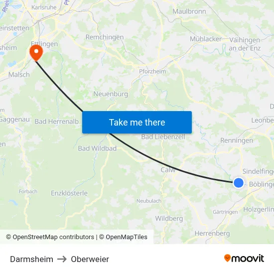 Darmsheim to Oberweier map