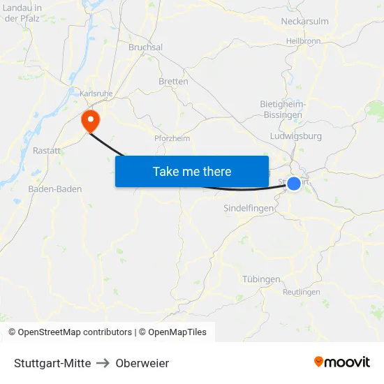 Stuttgart-Mitte to Oberweier map