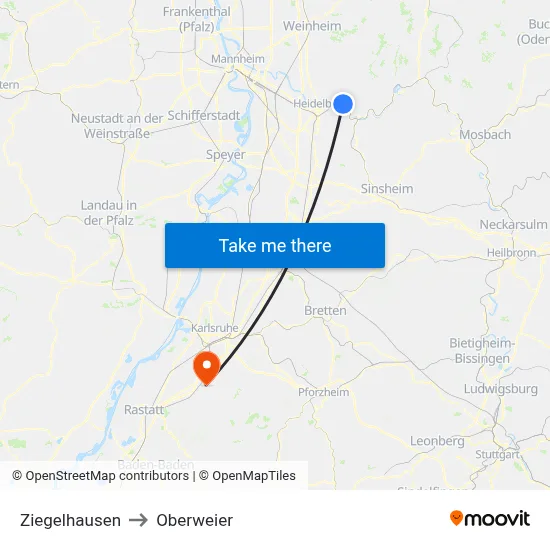 Ziegelhausen to Oberweier map