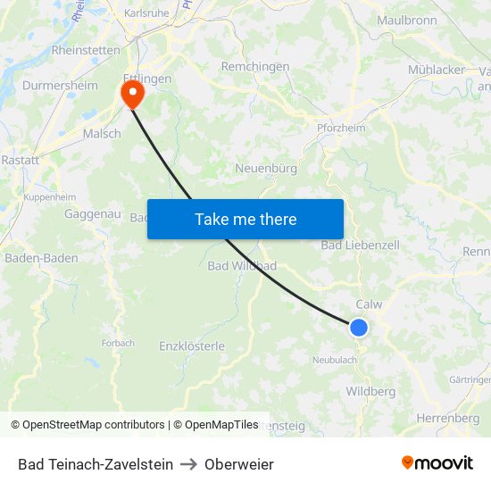 Bad Teinach-Zavelstein to Oberweier map