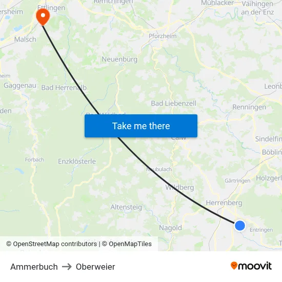 Ammerbuch to Oberweier map