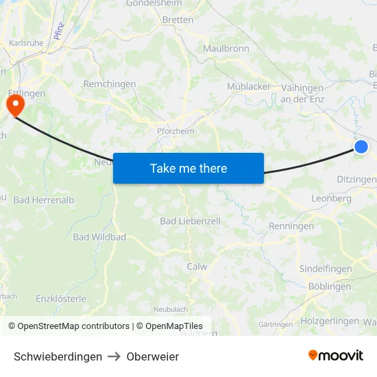 Schwieberdingen to Oberweier map