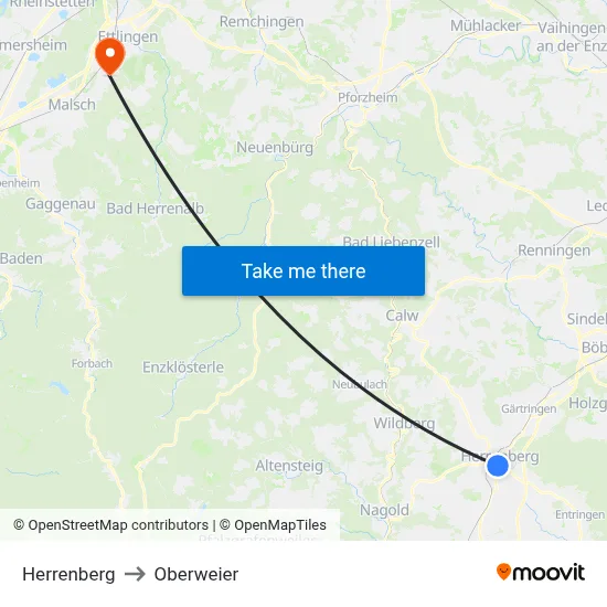 Herrenberg to Oberweier map