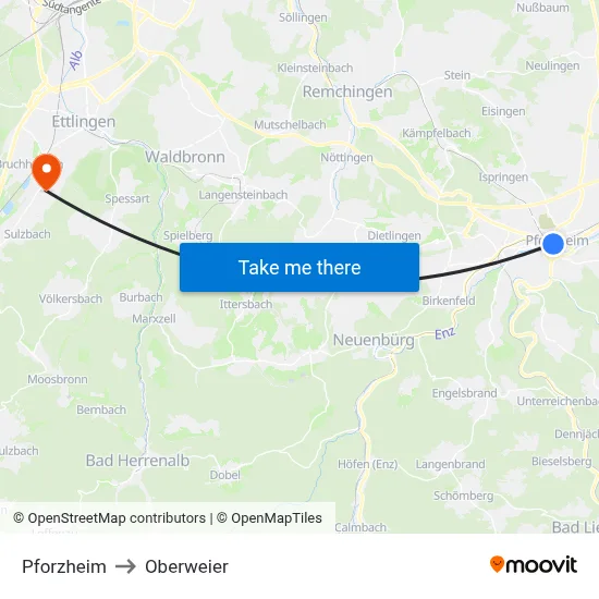 Pforzheim to Oberweier map