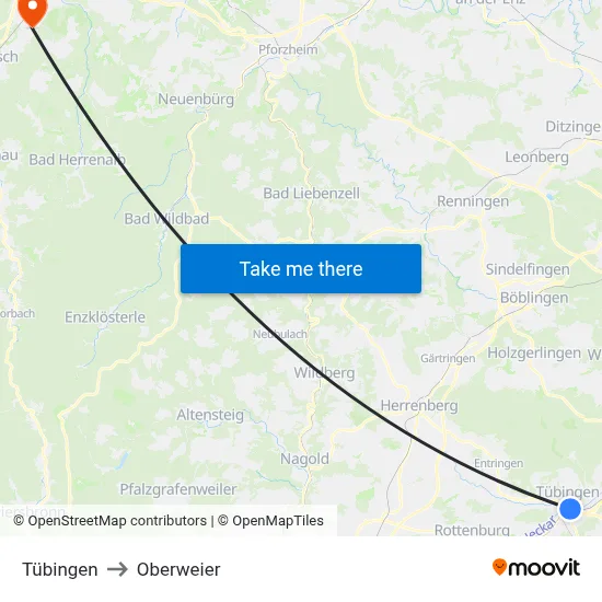 Tübingen to Oberweier map