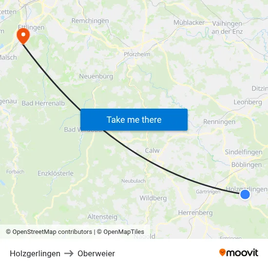 Holzgerlingen to Oberweier map