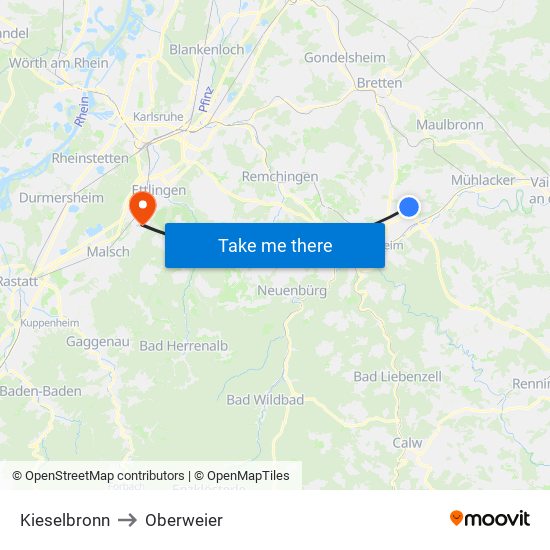 Kieselbronn to Oberweier map