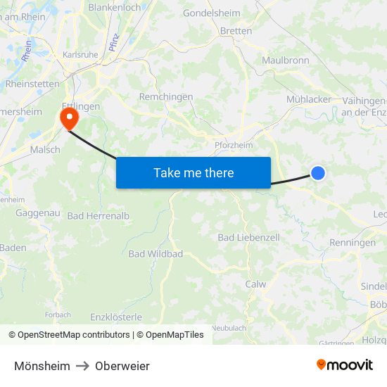 Mönsheim to Oberweier map