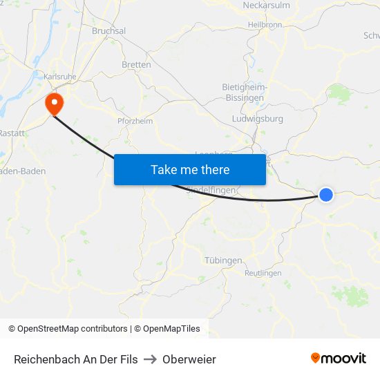 Reichenbach An Der Fils to Oberweier map
