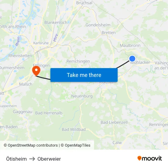 Ötisheim to Oberweier map