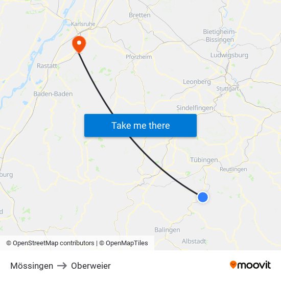 Mössingen to Oberweier map