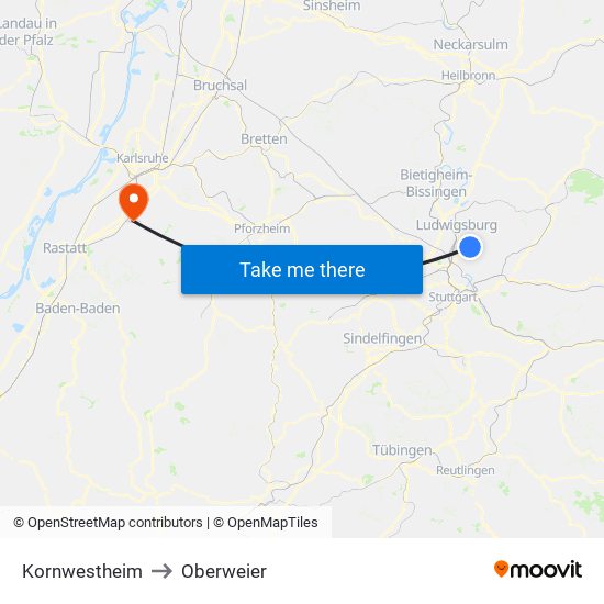 Kornwestheim to Oberweier map