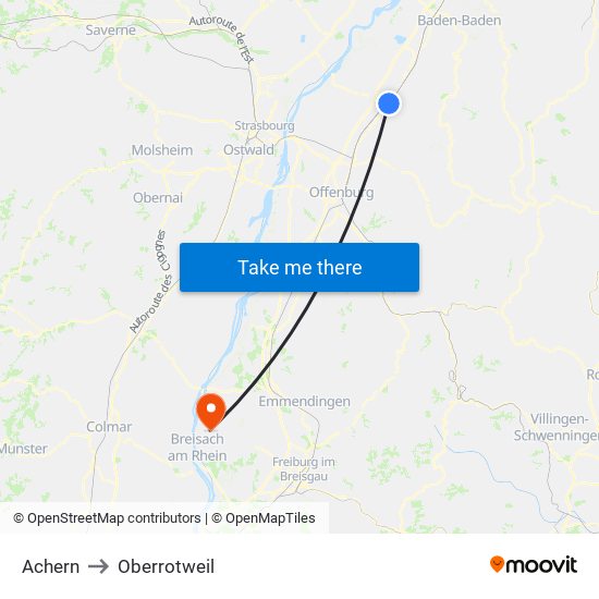 Achern to Oberrotweil map