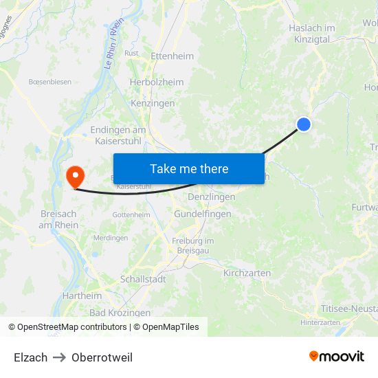 Elzach to Oberrotweil map