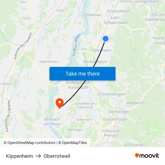 Kippenheim to Oberrotweil map
