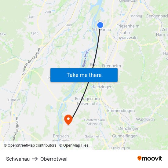 Schwanau to Oberrotweil map