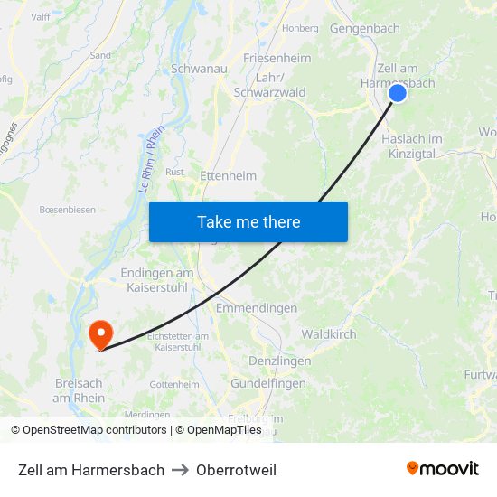 Zell am Harmersbach to Oberrotweil map