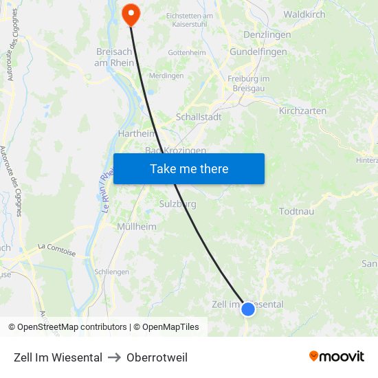 Zell Im Wiesental to Oberrotweil map
