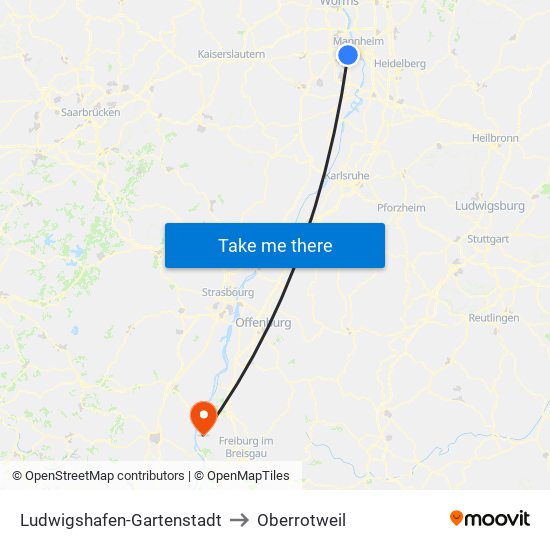 Ludwigshafen-Gartenstadt to Oberrotweil map