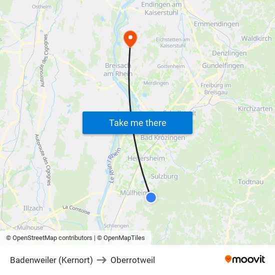 Badenweiler (Kernort) to Oberrotweil map