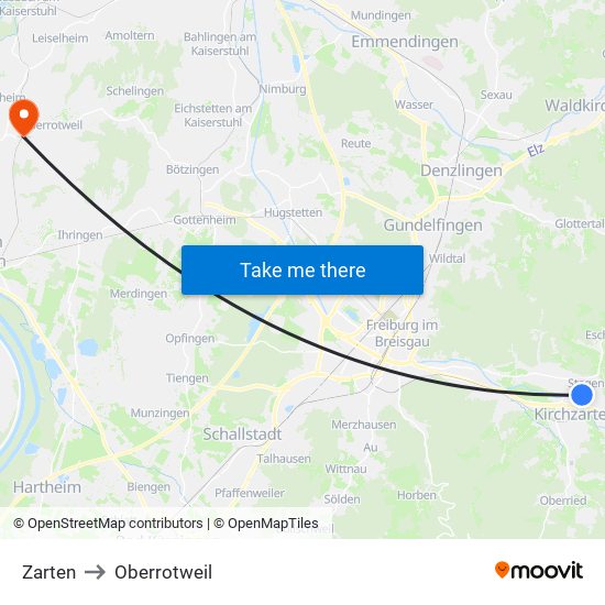Zarten to Oberrotweil map