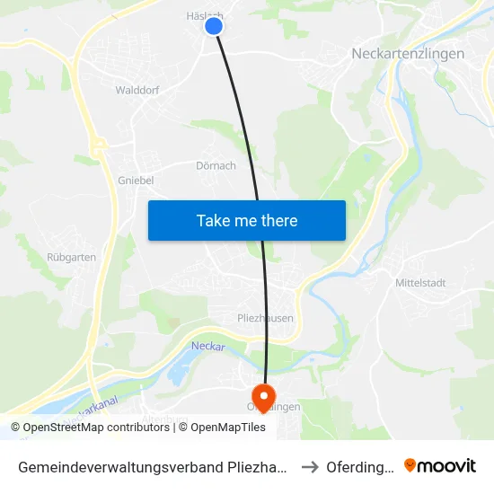 Gemeindeverwaltungsverband Pliezhausen to Oferdingen map