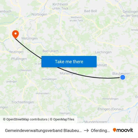 Gemeindeverwaltungsverband Blaubeuren to Oferdingen map