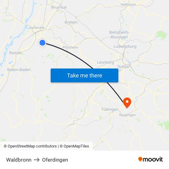Waldbronn to Oferdingen map