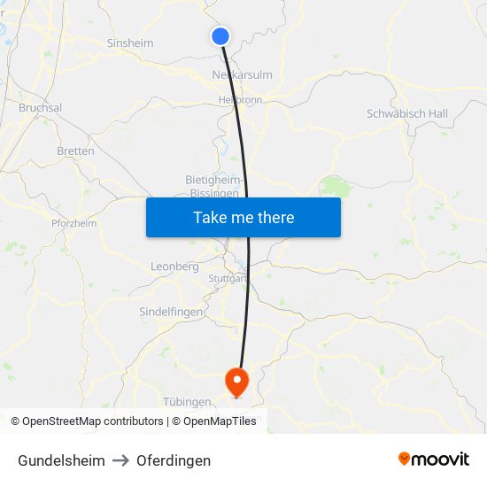 Gundelsheim to Oferdingen map