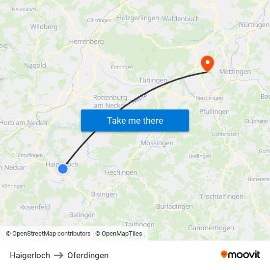 Haigerloch to Oferdingen map
