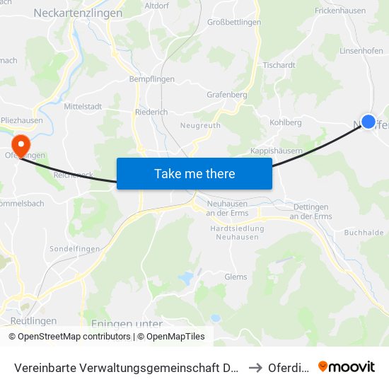 Vereinbarte Verwaltungsgemeinschaft Der Stadt Neuffen to Oferdingen map