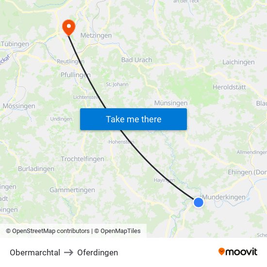 Obermarchtal to Oferdingen map