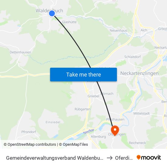Gemeindeverwaltungsverband Waldenbuch/Steinenbronn to Oferdingen map