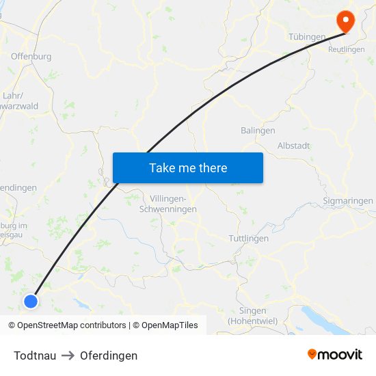 Todtnau to Oferdingen map