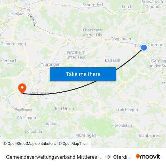 Gemeindeverwaltungsverband Mittleres Fils-Lautertal to Oferdingen map