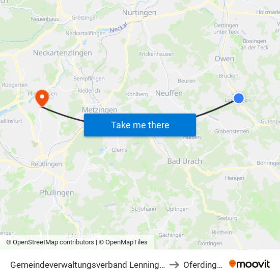 Gemeindeverwaltungsverband Lenningen to Oferdingen map