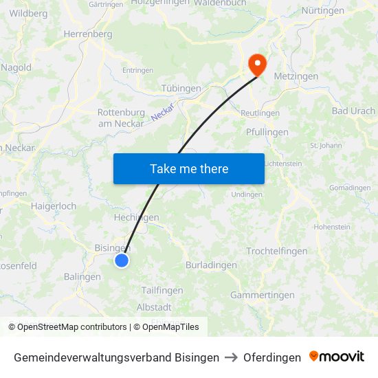 Gemeindeverwaltungsverband Bisingen to Oferdingen map