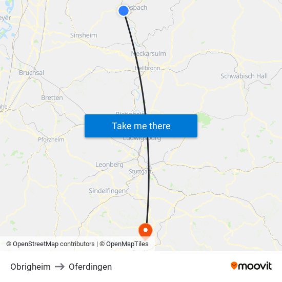 Obrigheim to Oferdingen map