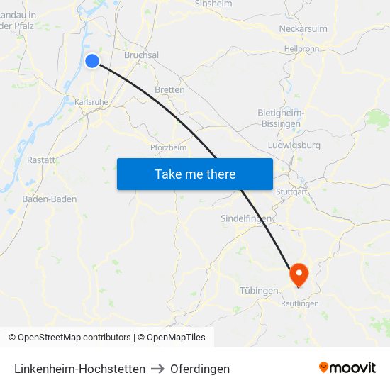 Linkenheim-Hochstetten to Oferdingen map