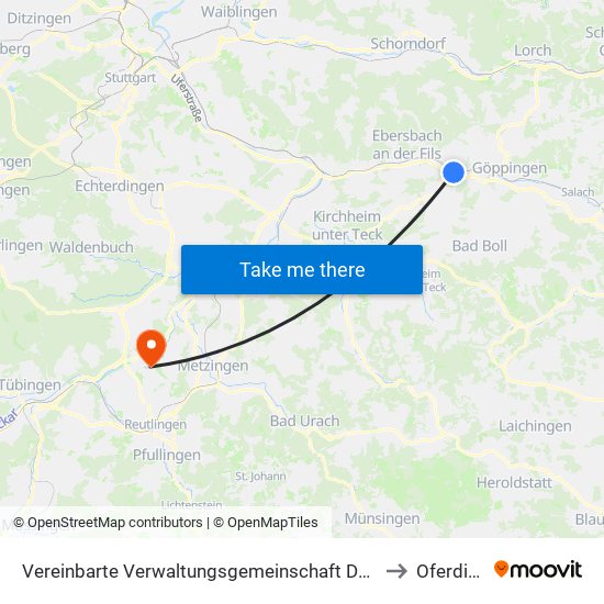 Vereinbarte Verwaltungsgemeinschaft Der Stadt Uhingen to Oferdingen map