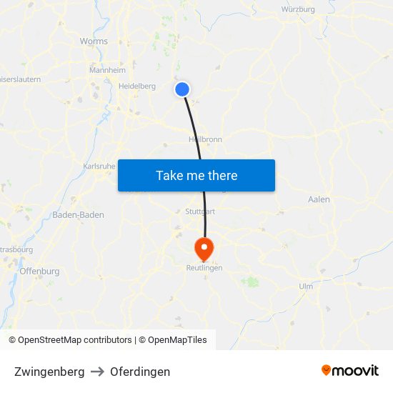 Zwingenberg to Oferdingen map