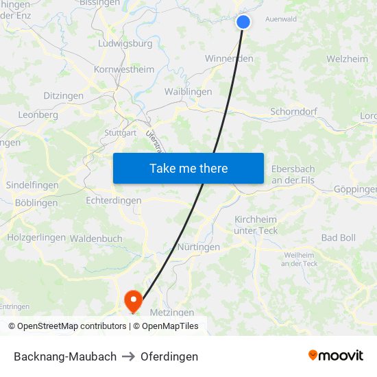 Backnang-Maubach to Oferdingen map