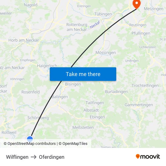 Wilflingen to Oferdingen map