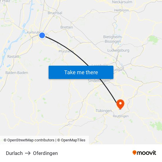 Durlach to Oferdingen map