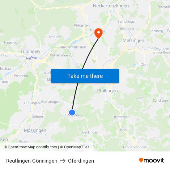 Reutlingen-Gönningen to Oferdingen map