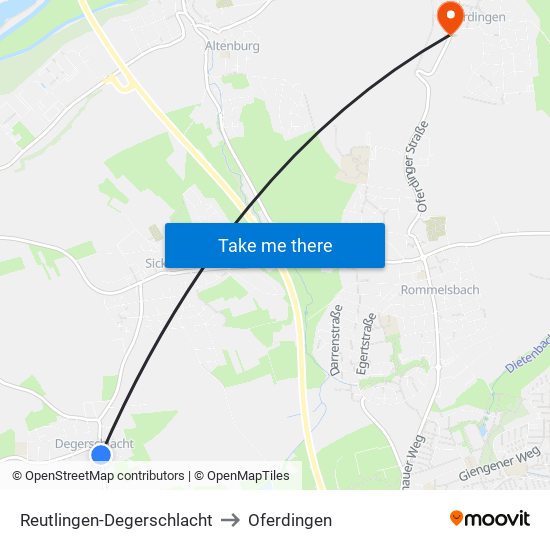 Reutlingen-Degerschlacht to Oferdingen map