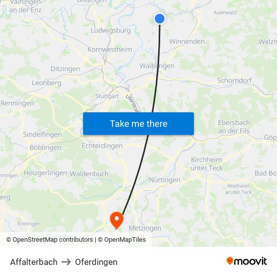 Affalterbach to Oferdingen map