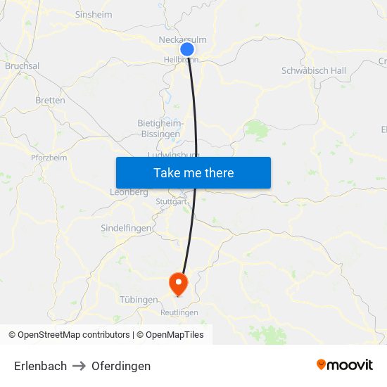 Erlenbach to Oferdingen map