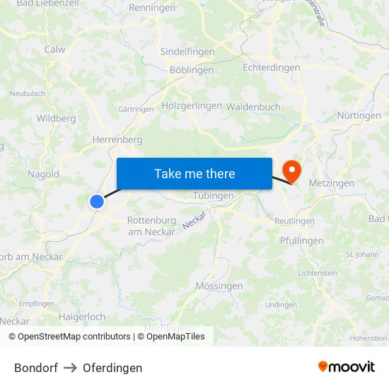 Bondorf to Oferdingen map