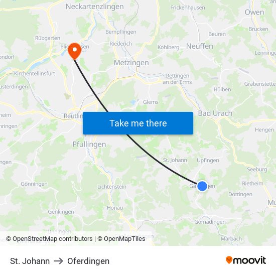 St. Johann to Oferdingen map